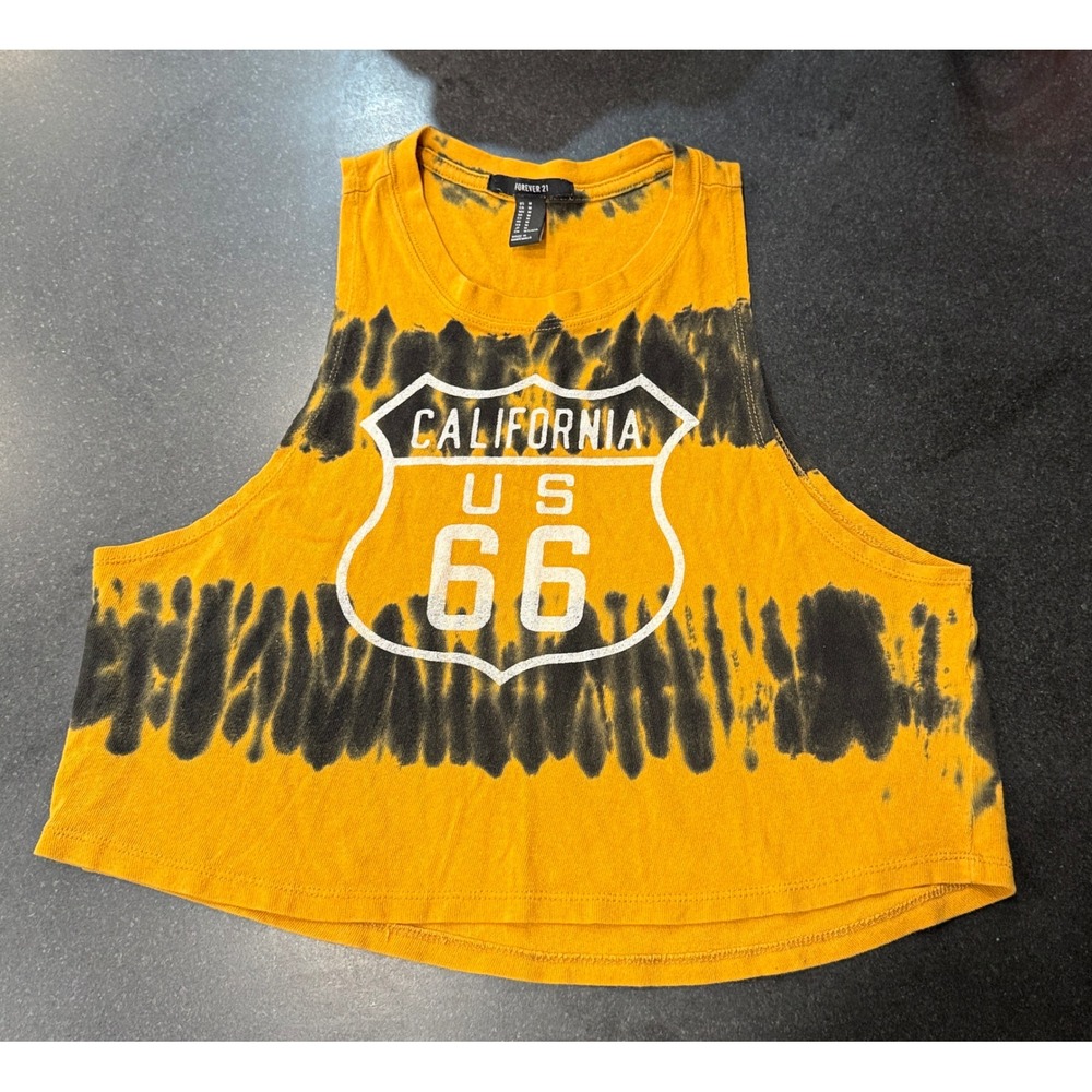 Forever 21 Crop Muscle Top Medium Yellow California Route 66 Tie Dye Grunge Boho